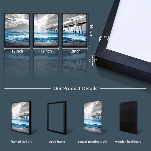 Black Framed Wall Decorations For Living Room Canvas Wall Art For Bedroom Office Wall Decor Black And White Wall Painting Blue Ocean Sea Wave Pictures Artwork For Modern Posters Prints Home Decor