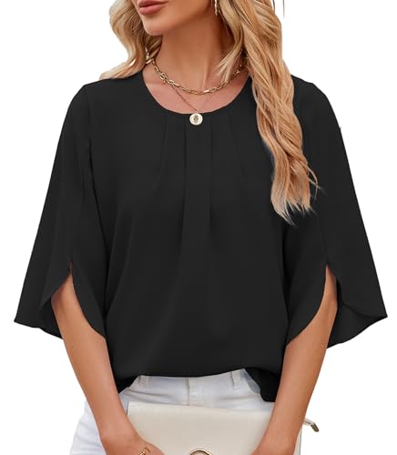 HANERDUN Blusas de Mujer Elegantes Camisa Mujer de Manga 3/4 Top Plisado con Cuello Redondo Camiseta Casual Túnica Manga Partida