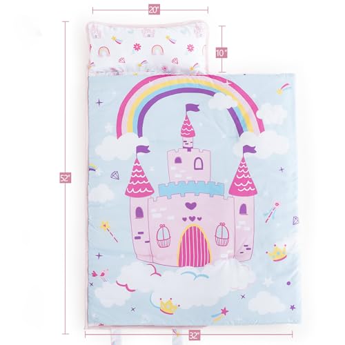 Image of PHF Soft Toddler Nap Mat with Removable Pillow, Rollup Design Kids Sleeping Mat, Slumber Bags for Girls, 50 inchx20 inch Toddler Sleeping Bag for Daycare Preschool Travel Camping, Castle
