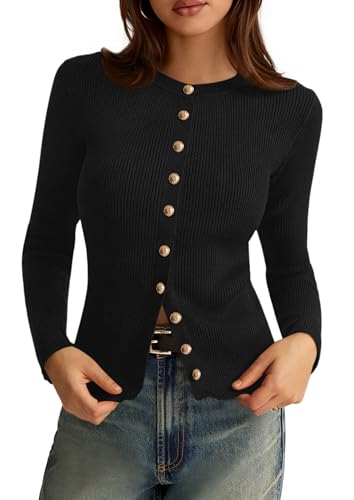 PRETTYGARDEN Womens 2025 Fall Cardigan Sweaters Lightweight Long Sleeve Button up Ribbed Knit Tops Winter Fashion Clothes (Black,Small)