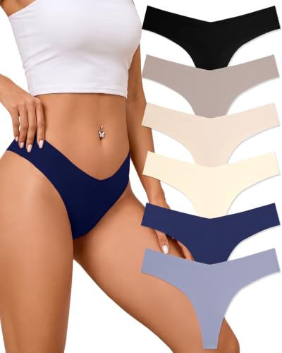 Image of FINETOO Seamless Thongs for Women Sexy No Show Panties Invisible V-waisted Stretch Lingerie Underwear 6 Pack