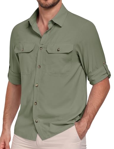 Xnova Camisas Hombre UPF50+ para Senderismo, Camisa Safari con Botones Camiseta Multifuncionales Manga Larga Corte Holgado Exterior Tshirt con Bolsillos (Verde, L)