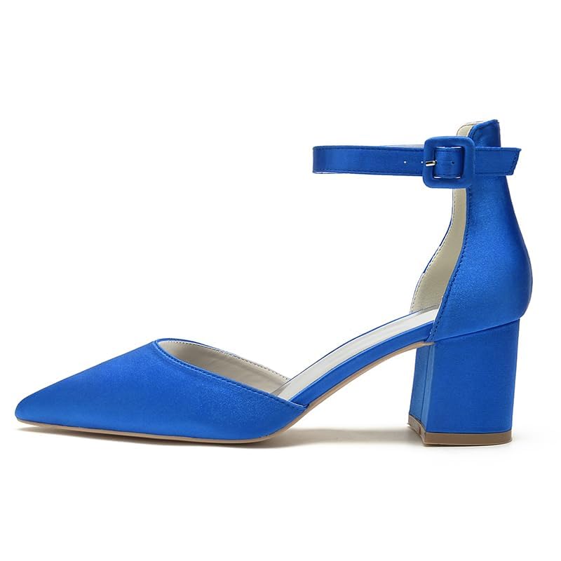 Wome's Pointed Toe Low Chunky Heels Satin Block Ankle Strap Pumps Wedding Bridal Party Dress Shoes4