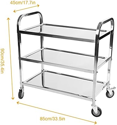 Catering Trolley 3 Tier Kitchen Serving Trolley Stainless Steel Serving Catering Clearing Trolley on Wheels Storage Trolley Cart with Locking Wheels for Hotel Restaurant and Home 85 × 45 × 90 cm