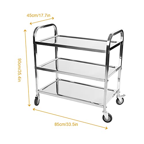 Catering Trolley 3 Tier Kitchen Serving Trolley Stainless Steel Serving Catering Clearing Trolley on Wheels Storage Trolley Cart with Locking Wheels for Hotel Restaurant and Home 85 × 45 × 90 cm
