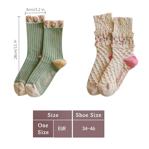 HAOXYO 4 Pairs Cute Ladies Slouch Frilly Socks - Womens Vintage Embroidered Floral Patterned Cotton Pop Crew Socks