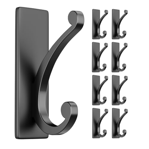 jockcaras 8-Pack Adhesive Coat Hooks for Door: 10LB Designer Wall Hook for Hanging Towel, Bathroom, Heavy Duty Stainless Stick on Hanger, Black