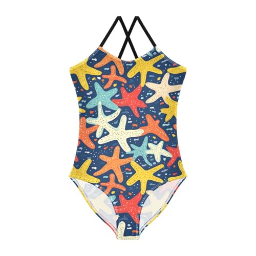 Colorful Starfish Girls Swimsuits Quick Dry Crossback One Piece Beach Swimwear Bathing Suit, 9-10T