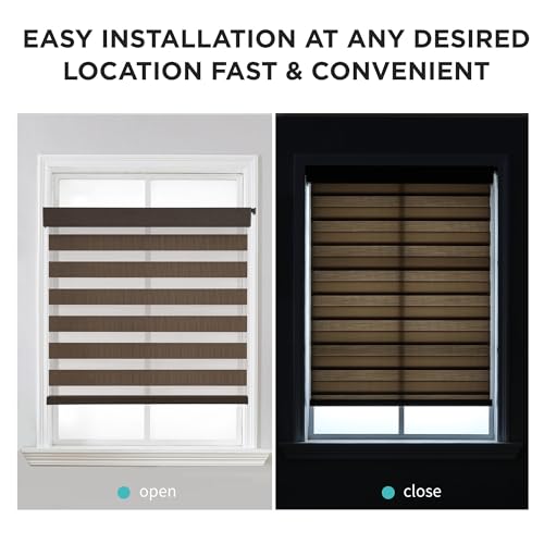 Joydeco No Drill Zebra Blinds for Windows, Cordless Dual-Layer Privacy Zebra Shades for Indoor Windows, Easy to Install, Light Filtering Sheer Blinds for Home (Coffee,Custom Size)