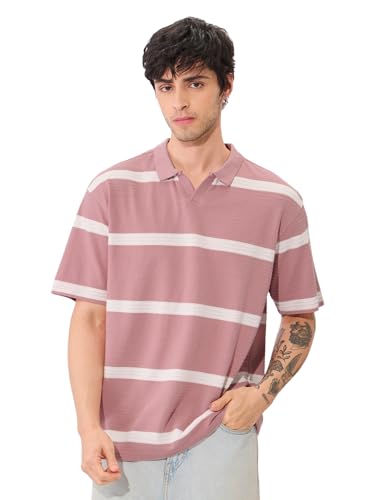 Image of The Souled Store Quartz Men and Boys Short Sleeves Collared Neck Pink and White Striped Oversized Textured Polos
