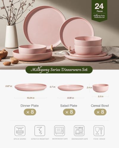 Image of Famiware Milkyway 24-Piece Stoneware Dinnerware Set, Light Pink | Plates and Bowls for 8, Reactive Glaze Dish Set, Microwave & Dishwasher Safe, Chip & Scratch Resistant