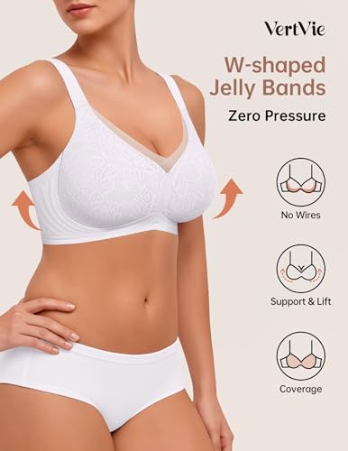 Image of Vertvie Wireless Jelly Bra Seamless Supportive Crossover | Full Coverage & Lift, Mesh V-Neck, No Underwire, Back Smoothing, Push Up, Plus Size, All-Age Comfort, Everyday T-shirt Bra