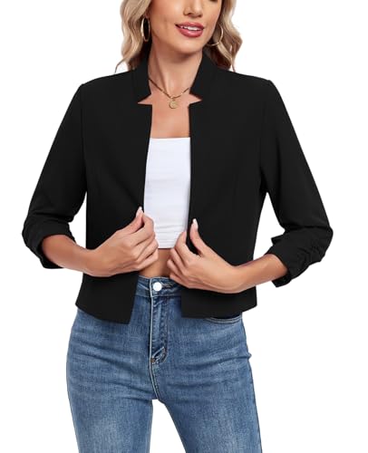 MINTLIMIT Cropped Blazers for Women 3/4 Ruched Sleeve Notched Collar Open Front Cardigan Business Casual Blazer Jackets2