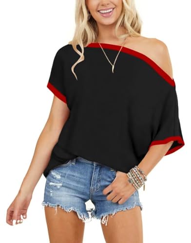 BONITEE Womens Off The Shoulder Shirt Boat Neck Oversized Tshirts Short Sleeve Tops 2025 Summer Casual Loose Clothes Tunic2
