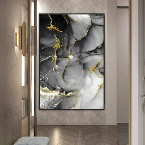 Toile moderne pour salon marbre noir et blanc abstrait avec cadre