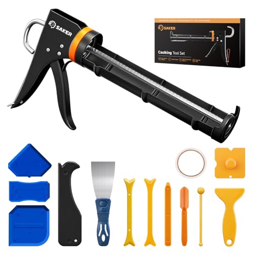 Saker Caulk Gun Kit Manual Caulking Gun with 11-in-1 Caulking Tool Set Silicone Sealant Finishing Tools Grout Scrapers & Shapers with Masking Tape for Bathroom Kitchen Window & Home Repair
