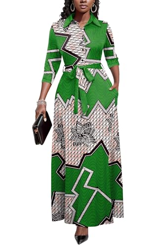 Image of Runwind Women Church Maxi Dresses 3 /4 Sleeve Button Down Print Casual Office Dress African