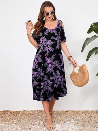 Image of LARACE Plus Size Women Dress for Summer, Midi Women's Sundress, Casual V-Neck Short Sleeve Flowy T-Shirt Dresses with Pockets