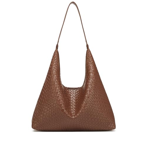 2025 Woven Tote Bag for Women, Large Capacity PU Leather Shoulder Bag & Crossbody Hobo Bag with Pouch, Stylish Work Commuter Handbag - Brown