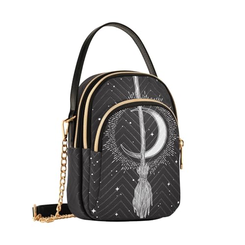 Yasala Halloween Cell Phone Purse Witch Moon Broom Magic Vehicle Crossbody Handbag Durable Shoulder Bag Sturdy Travel Pouch Compact Chic Bag for Women Everyday Use Day of The Dead Holiday Gift