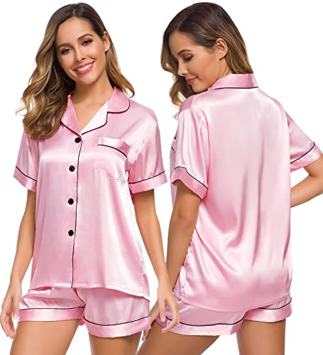 Image of SWOMOG Womens Silk Satin Pajamas Set Two-piece Pj Sets Sleepwear Loungewear Button-Down Pj Sets Rose Pink