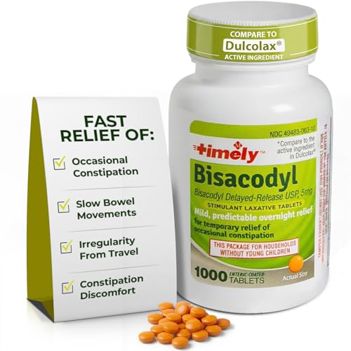 TIME-CAP LABS, INC. Timely Laxative Bisacodyl 5mg Tablets - Stimulant Laxatives for Constipation Fast Acting & Gentle - Overnight Constipation Relief for Adults -1000 Tablets