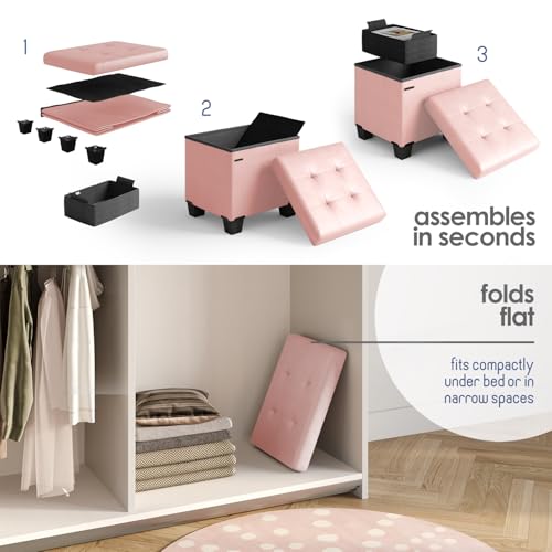 Storage Ottoman Cube with Small Bin, 15-in Square Ottoman with Storage for Living Room and Bedroom, Small Ottomans Foot Rest, Leather Foot Stools Ottomans Max 330lbs, Pink by STORAGEBUD - Image 9