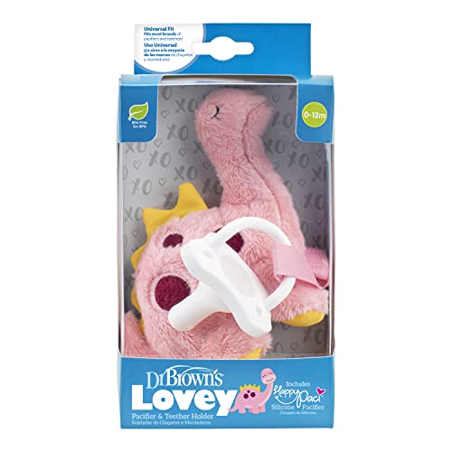 Image of Dr. Brown's Baby Lovey Pacifier and Teether Holder, Dinosaur with White HappyPaci, 100% Silicone, 0-6m