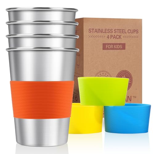 MUMIGUAN Stainless Steel Cups for Kids with Silicone Sleeves 7.8oz/230ml (4 Pack), Stainless Steel...