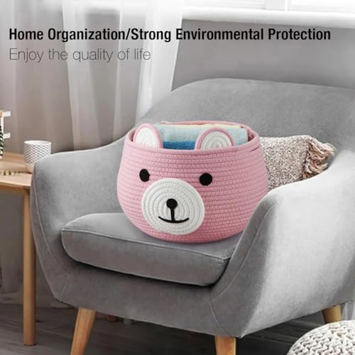 Image of PandaEar Cotton Rope Baby Basket, Baby Gift Basket Nursery Laundry Organizer with Cute Bear Design for Storage Infant Newborn Essentials, Diaper Caddy with Handle (Pink)