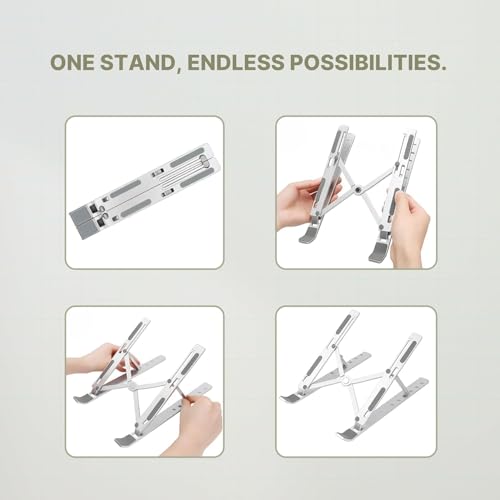 Image of Premium Metal Laptop Stand Foldable, Aluminum Note Book Stand Portable Any Laptop Stand Adjustable Height /OverHeating Protection Laptops /MacBooks /Table and Many More (Metallic Silver, MLS001)