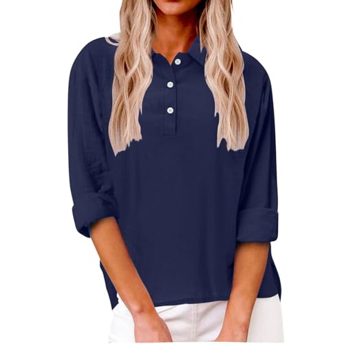 Linen Shirts for Women Work Tops Casual V Neck Tunic Blouses Beach Vacation Outfits Oversized Tshirts Trendy Clothes Navy