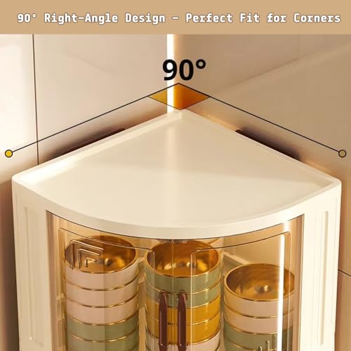 Image of House of Quirk Foldable Triangular Storage Cabinet with Wheels | Space Saving Corner Organizer | Portable Large Capacity Plastic Storage Box for Kitchen, Bathroom, Bedroom (4 Layer, Cream)
