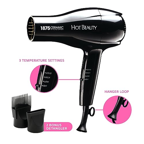 1875 Ceramic Styler Blow Dryer with 2 Attachments - Lightweight, Fast Drying, Dual Heat Settings for Home or Travel