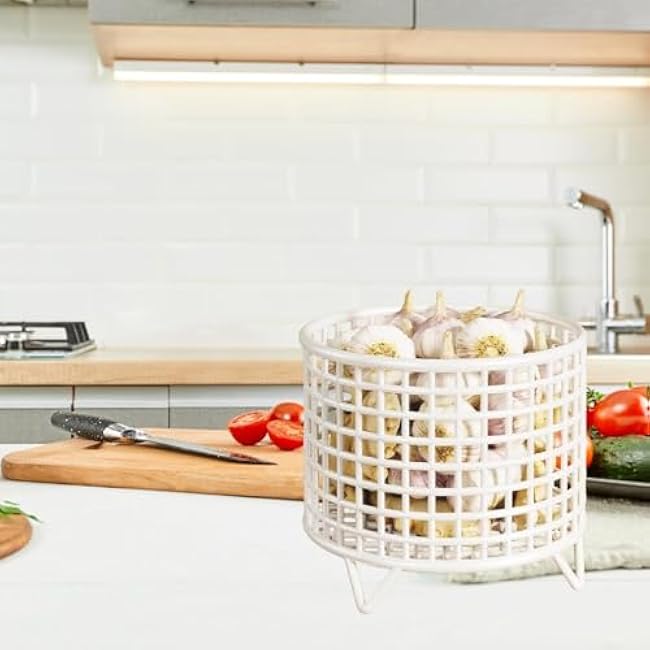 Round Metal Wire Basket Kitchen Storage Rack 5.91x5.31 Countertop Organizer for Desktop Makeup Tools Living Room Home Snack, White