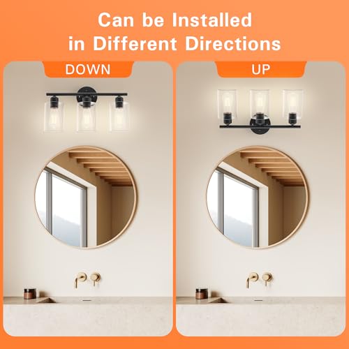 Image of Bathroom Vanity Light Fixtures Matte Black Bathroom Lighting Fixture, 3 Lights Bathroom Light Fixture Over Mirror, Modern Black Vanity Light, UL Certified Wall Sconces with Glass Shades