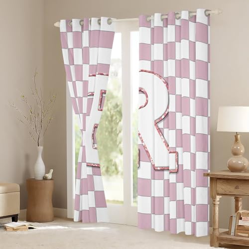 Image of Erosebridal Pink Initial R Window Curtains 38 inch Wx45 L Kawaii Plaid Checkered Blackout Curtains for Kids Girls Bedroom,Cute Personalized Monogram Window Treatments Grids Gingham Drapes Decor 2 Panels