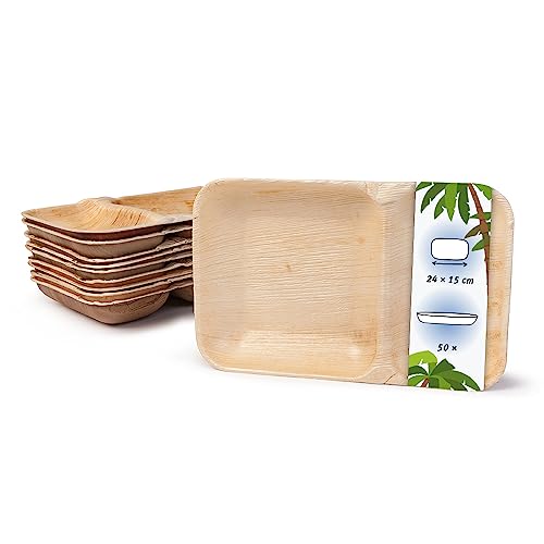 onlyleaf Palmware - Platos de hojas de palma I Plato de menú desechable de 50 piezas hecha de hoja de palma rectangular de 24x15cm con 2 compartimentos separados