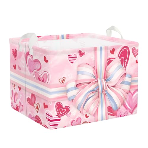 Clastyle Ribbon Bow Baby Gift Box Basket Heart Kid Storage Basket Girl Laundry Hamper Collapsible Clothes Organizer Nursery Bin for Bedroom, Pink, 40 * 30 * 30 cm