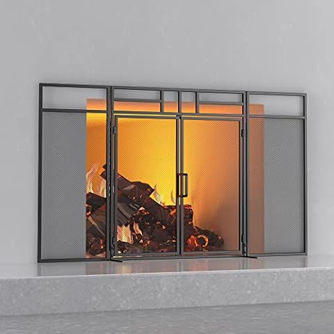 Fire Beauty 3-Panel Folding Fireplace Screen with Magnetic Hinged Doors, Solid Wrought Iron Panels Fire Spark Guard Cover