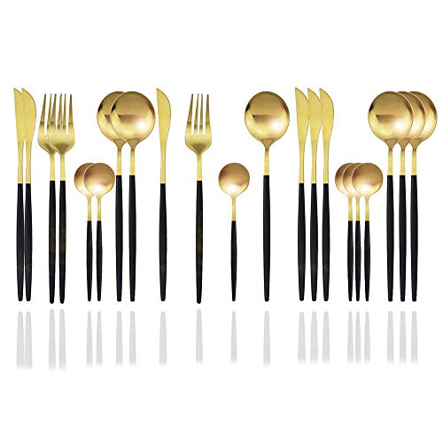 JASHII Matte Silverware Set, 24-Piece Stainless Steel Flatware Cutlery Set for 6, Ideal for Home Wedding Festival Party, Dishwasher Safe (Black Handle Gold)
