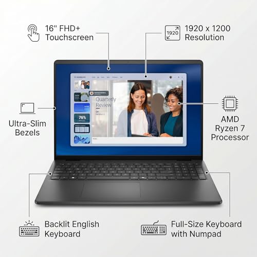 Image of Dell Inspiron 16 2K Touchscreen Laptop - AMD Ryzen 7 7525U, 16GB DDR5, 2TB SSD, WiFi 6, USB-C, Backlit Keyboard, Copilot AI Key, Windows 11 - Ideal for Business & Students