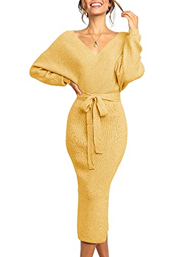 Image of Chang Yun Women's Long Maxi Sweater Dresses Sexy Wrap Batwing V Neck Slit Open Back Holiday Bodycon Dress with Belt