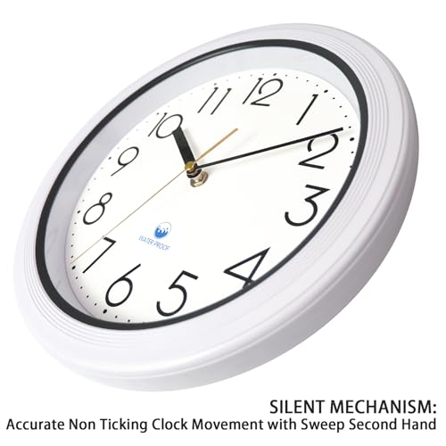 Caysie 11 Inch Sealed Indoor Outdoor Waterproof Wall Clock, Durable Silent Non-Ticking Battery Operated Quality Quartz Round Clock, Wall Decorative for Patio, Pool, Bathroom (White)