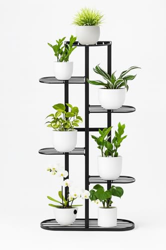 Image of Multi-Tiered Plant Stand for Balcony & Living Room | 6 Tier 7 Pot Holder Metal Planter Stand | Indoor Outdoor Flower Pot Rack | Decorative Iron Plant Stand for Home Garden & Balcony Decor (Black)