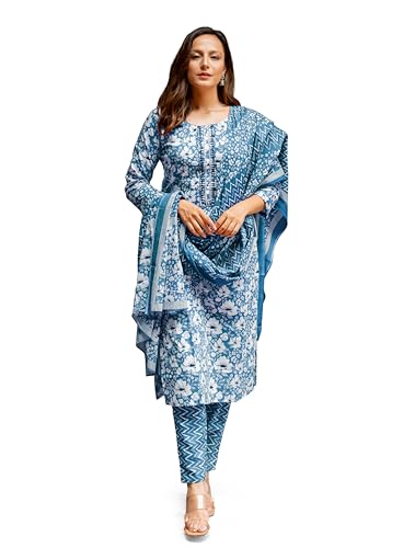 Image of MIRCHI FASHION Pure Cotton Floral Kurta Set for Women with Dupatta & Pant | 3 Piece Straight Fit Ethnic Outfit | Breathable Summer Salwar Suit