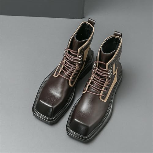 Image of Men's Retro Motorcycle Combat Boots - Square Toe Platform High Top Lace Up Ankle Boots, Chunky Heel Casual Dress Shoes Non-Slip