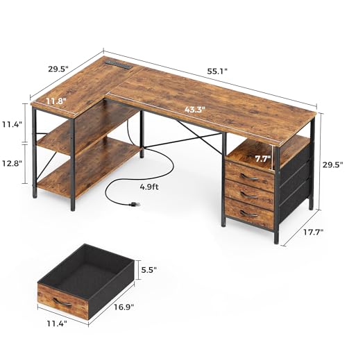 Huuger L Shaped Office Desk with Power Outlets, 55 Inch Computer Desk with 3 Drawers, Shelves, Reverisble for Gaming Corner Work Home Office Study, Rustic Brown