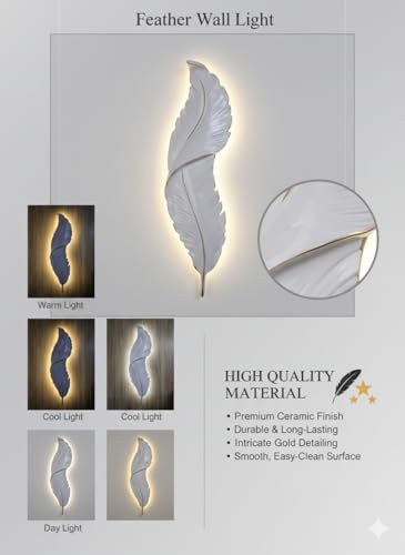 Image of UJALAVISTA Feather Shape Wall Lamp | 65cm Acrylic Fancy Wall Light | 3-Color LED (Warm /Natural /Cool) | Modern Decorative Wall Sconce for Living Room & Bedroom (White Feather) (1, White) | PVC body, wall-mount kit included. Warm /Natural /Cool LED modes. For living room, bedroom, hallway, TV unit walls.