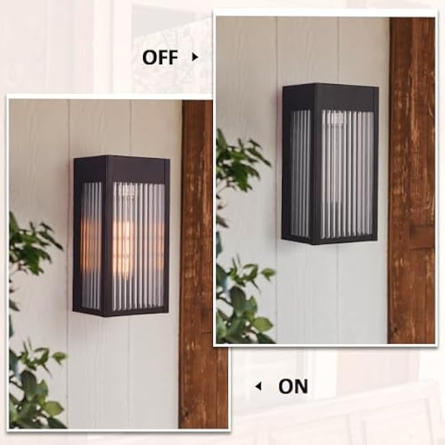 Cerdeco Black Outdoor Wall Light with Striped Tempered Glass,Modern Outdoor Wall Sconce with E26 Socket,2 Pack